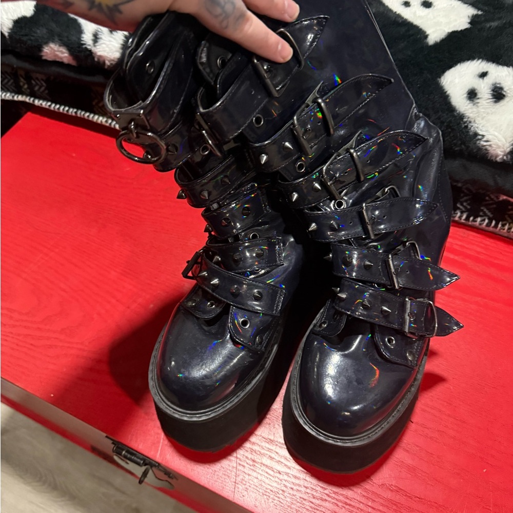 Demonia Iridescent Black Buckle Combat Boots - image 3